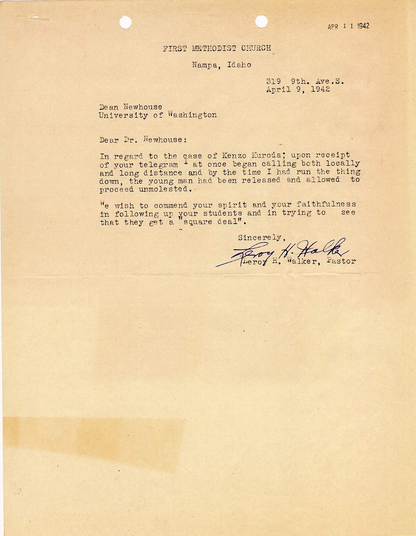Letter from Paster Leroy H. Walker to Dean Newhouse dated April 9, 1942